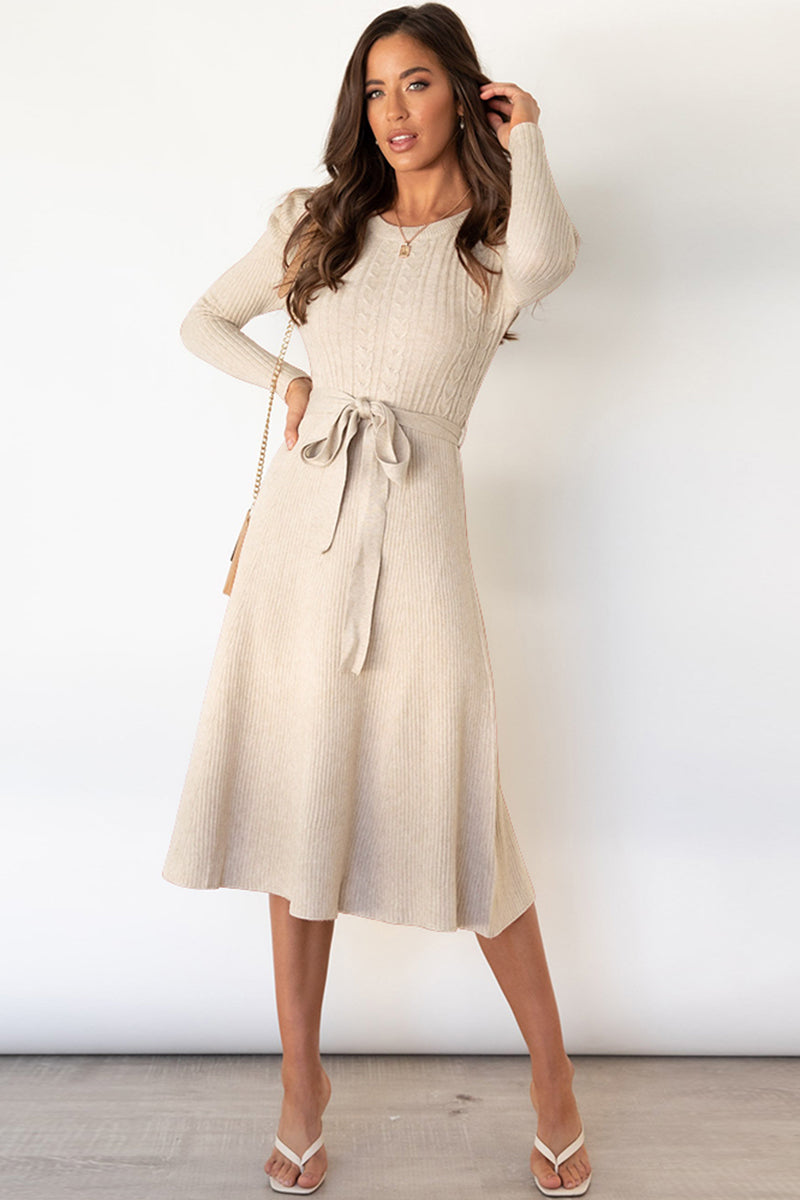 Round Neck Long Sleeve Tie Waist Sweater Dress - OCEANE