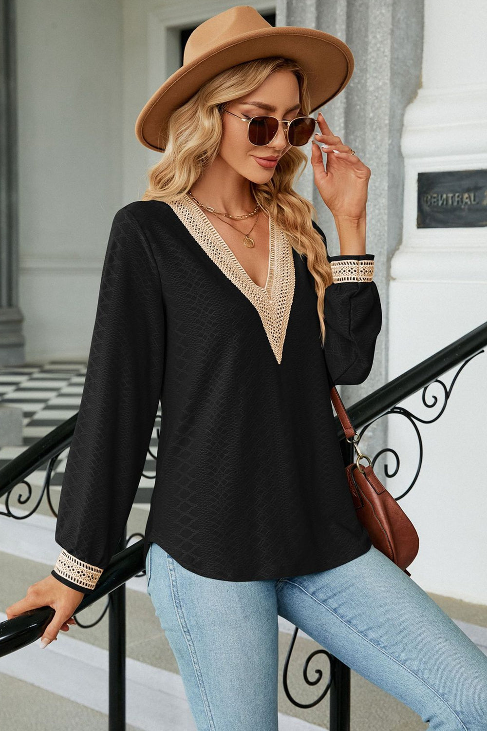 V-Neck Long Sleeve Blouse - OCEANE