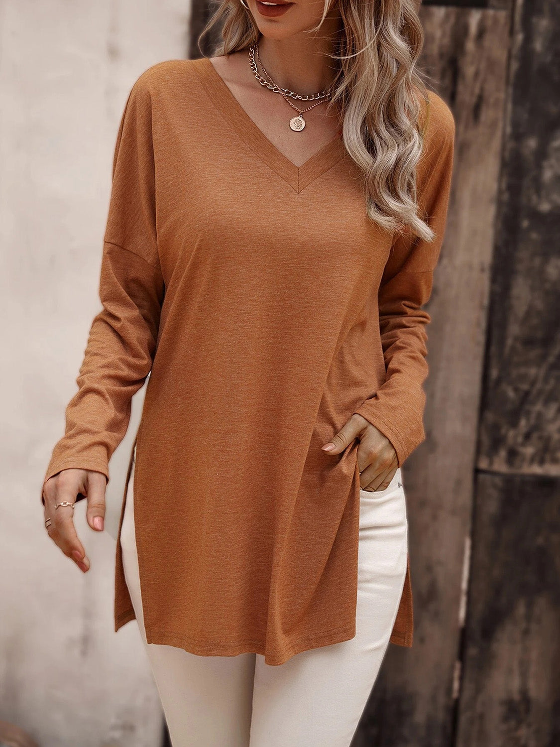 V-Neck Long Sleeve Slit Top - OCEANE