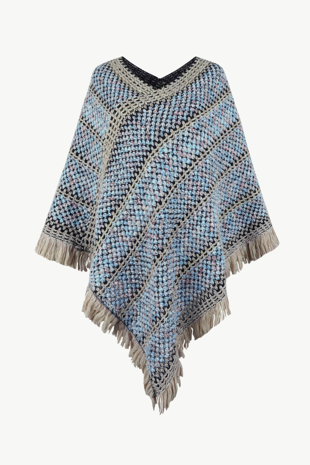 V-Neck Fringe Hem Poncho - OCEANE