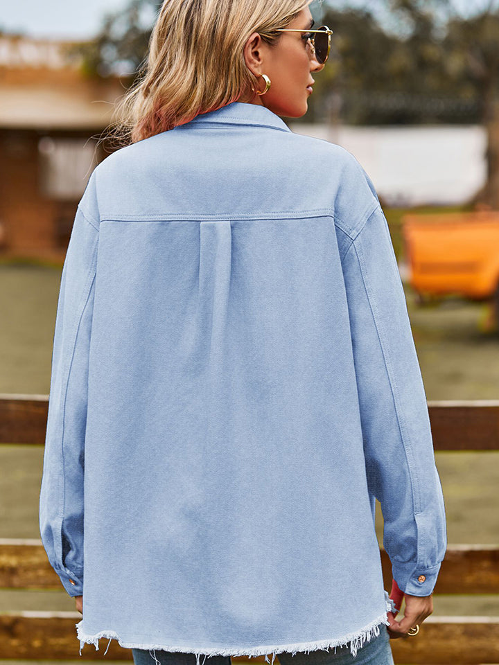 Raw Hem Denim Jacket with Pockets - OCEANE