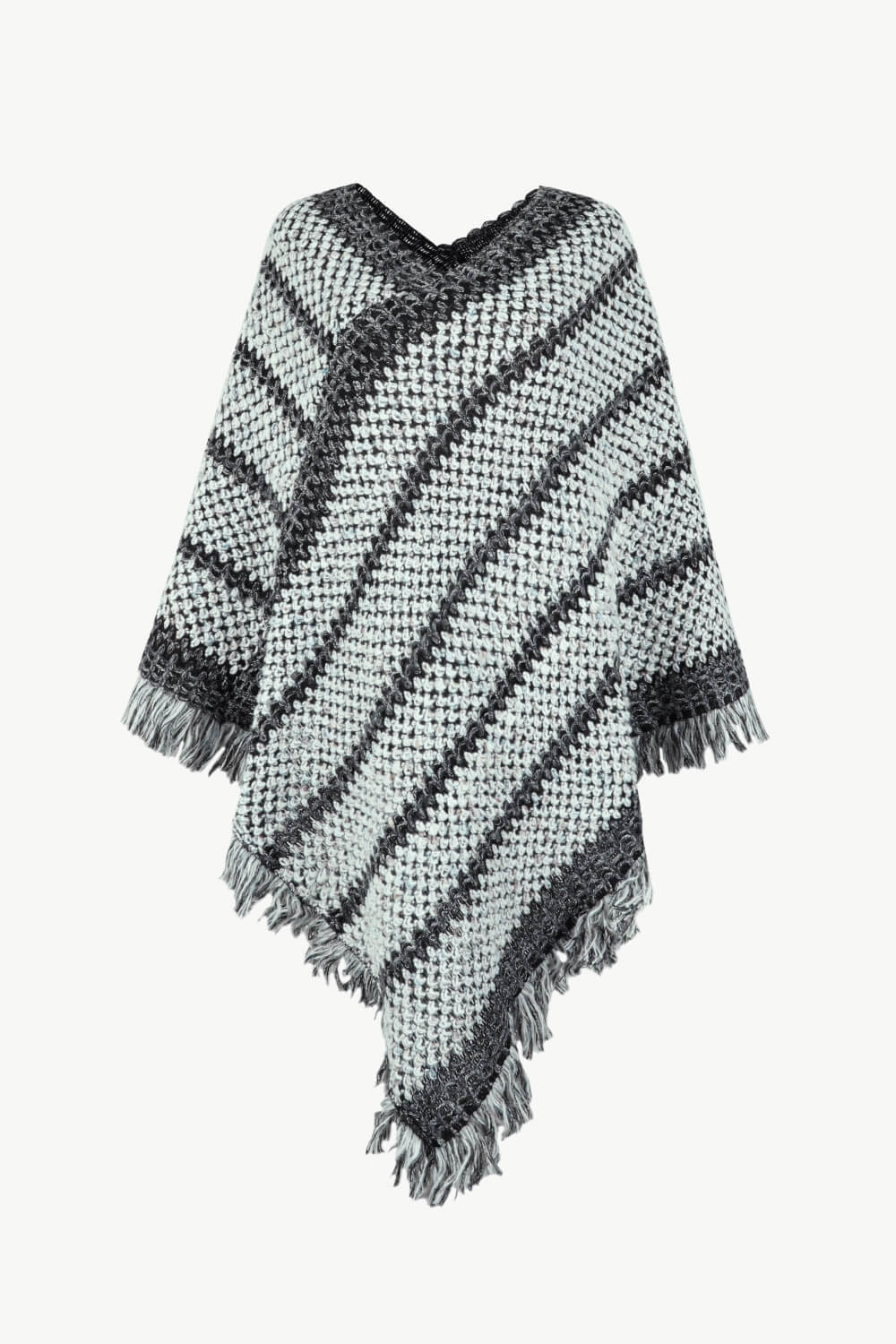 V-Neck Fringe Hem Poncho - OCEANE