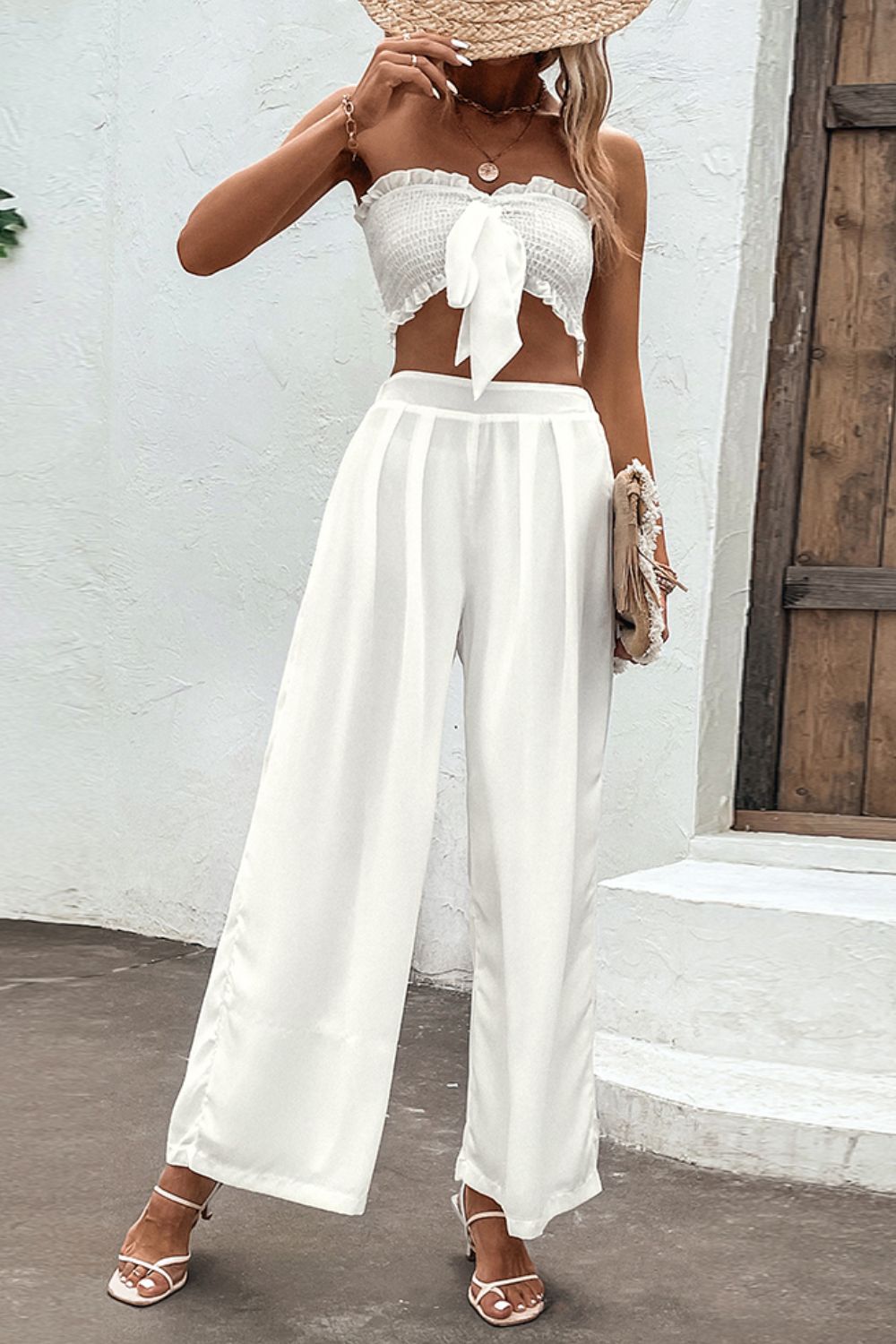 Smocked Tube Top and Wide Leg Pants Set - OCEANE