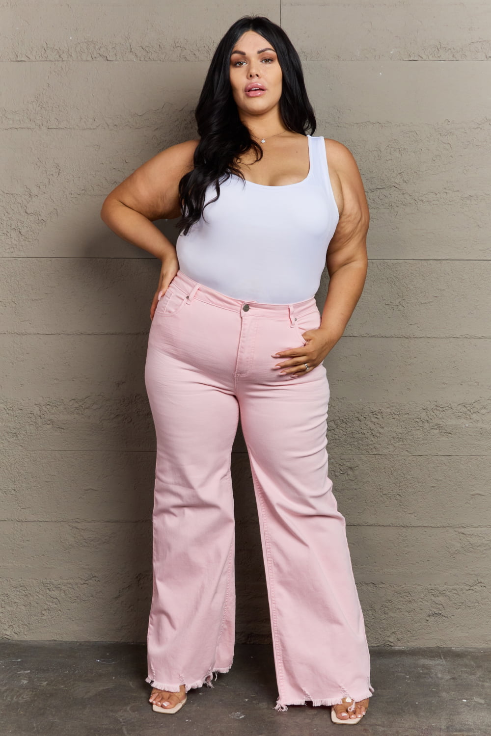 RISEN Raelene Full Size High Waist Wide Leg Jeans in Light Pink - OCEANE