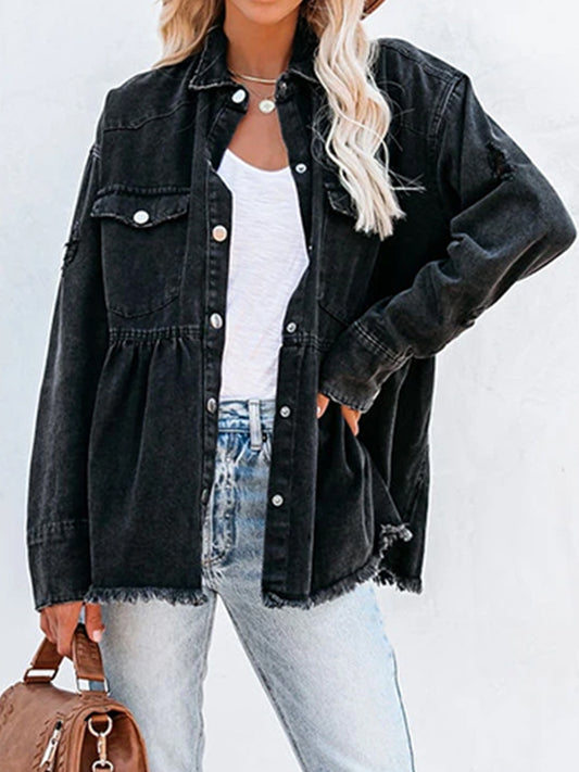 Raw Hem Distressed Denim Shacket - OCEANE