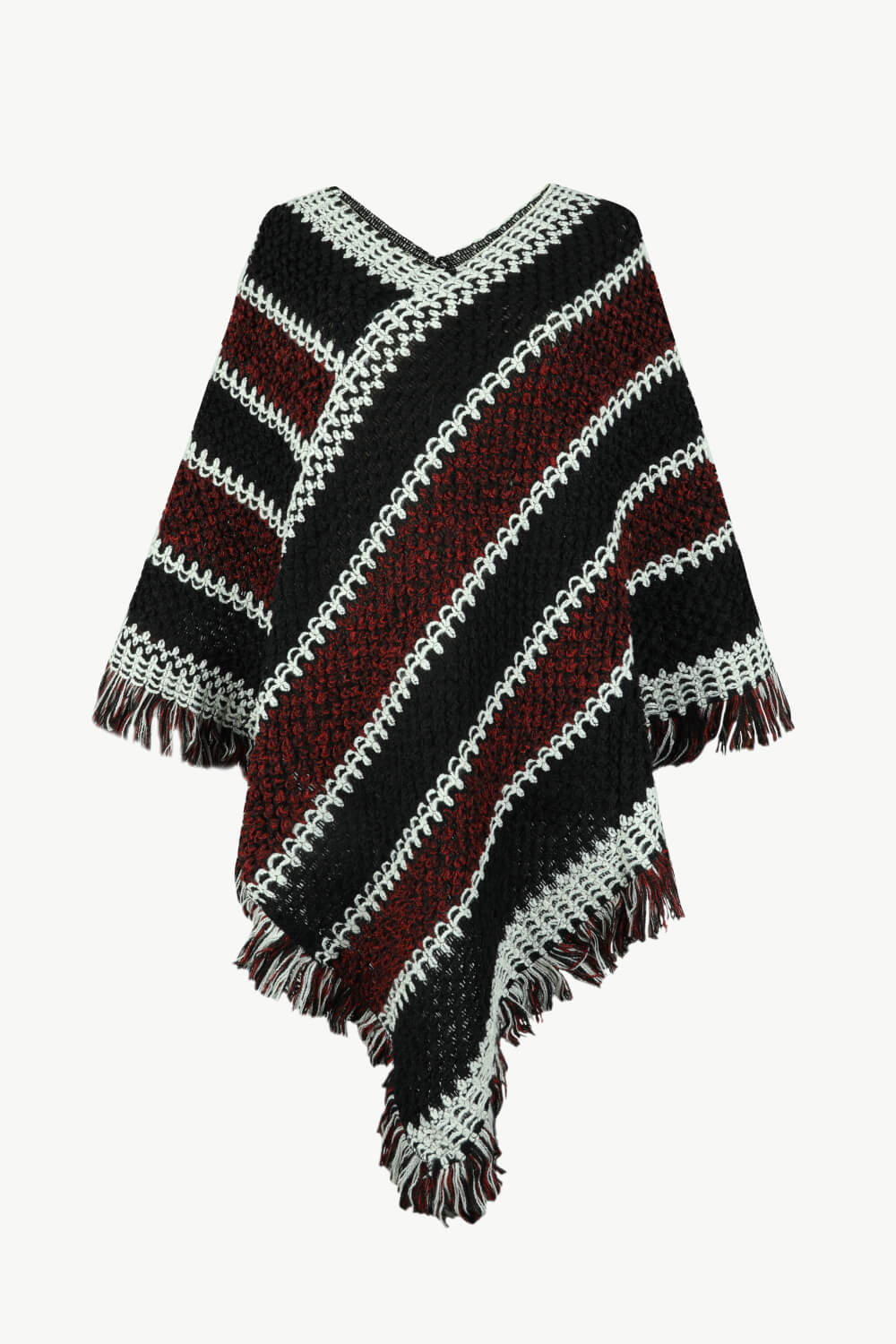 V-Neck Fringe Hem Poncho - OCEANE