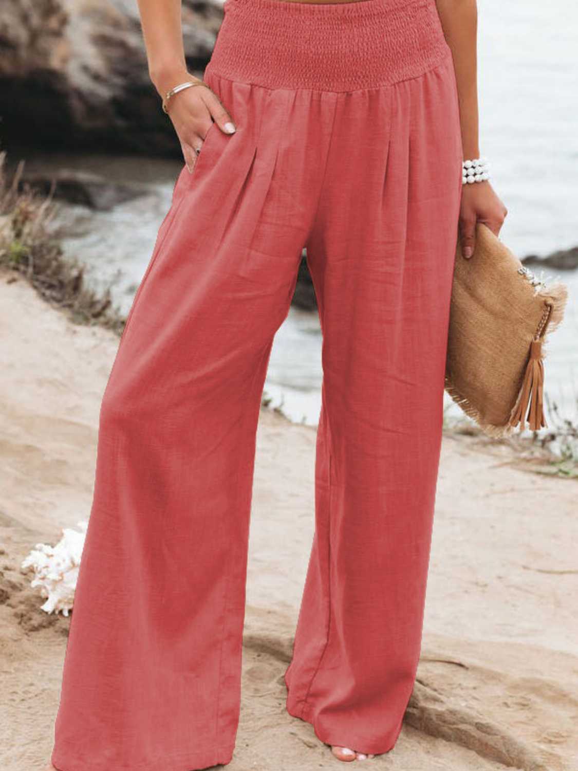 Full Size Smocked Waist Wide Leg Pants - OCEANE