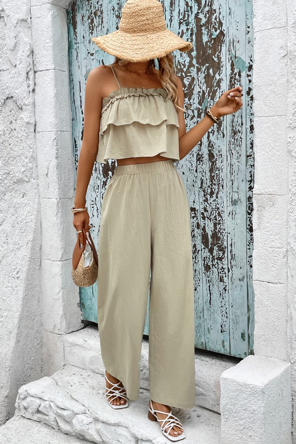 Frill Trim Cami and Wide Leg Pants Set - OCEANE