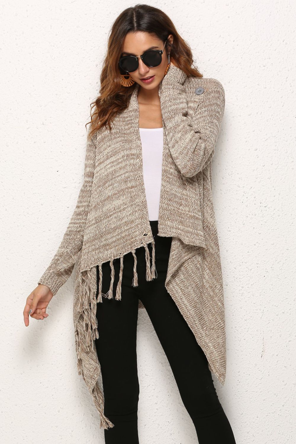 One-Button Tassel Tie Asymmetrical Hem Cardigan - OCEANE