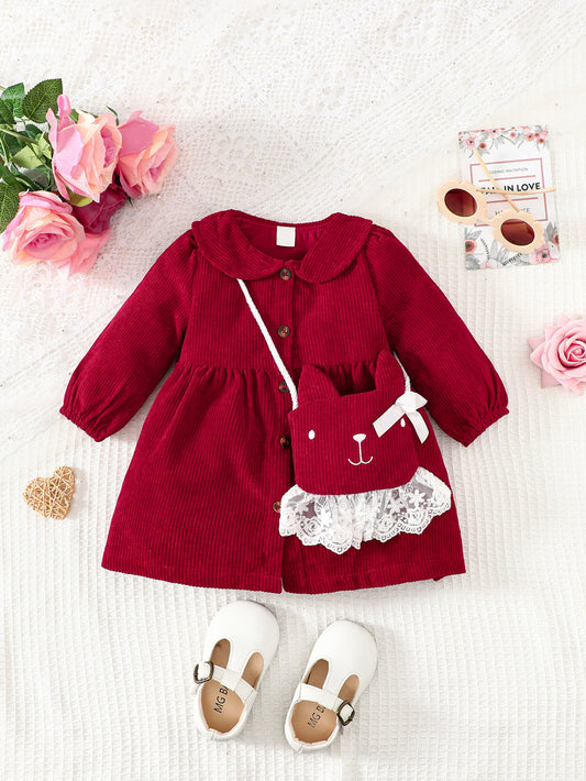 Red Kitty Cat Holiday Buttoned Long Sleeve Dress 6mo-2T - OCEANE