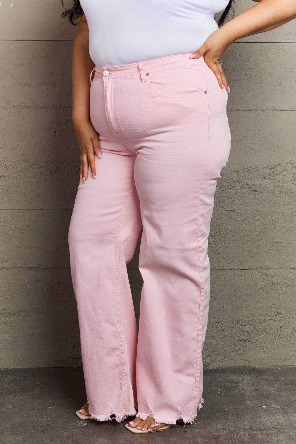 RISEN Raelene Full Size High Waist Wide Leg Jeans in Light Pink - OCEANE