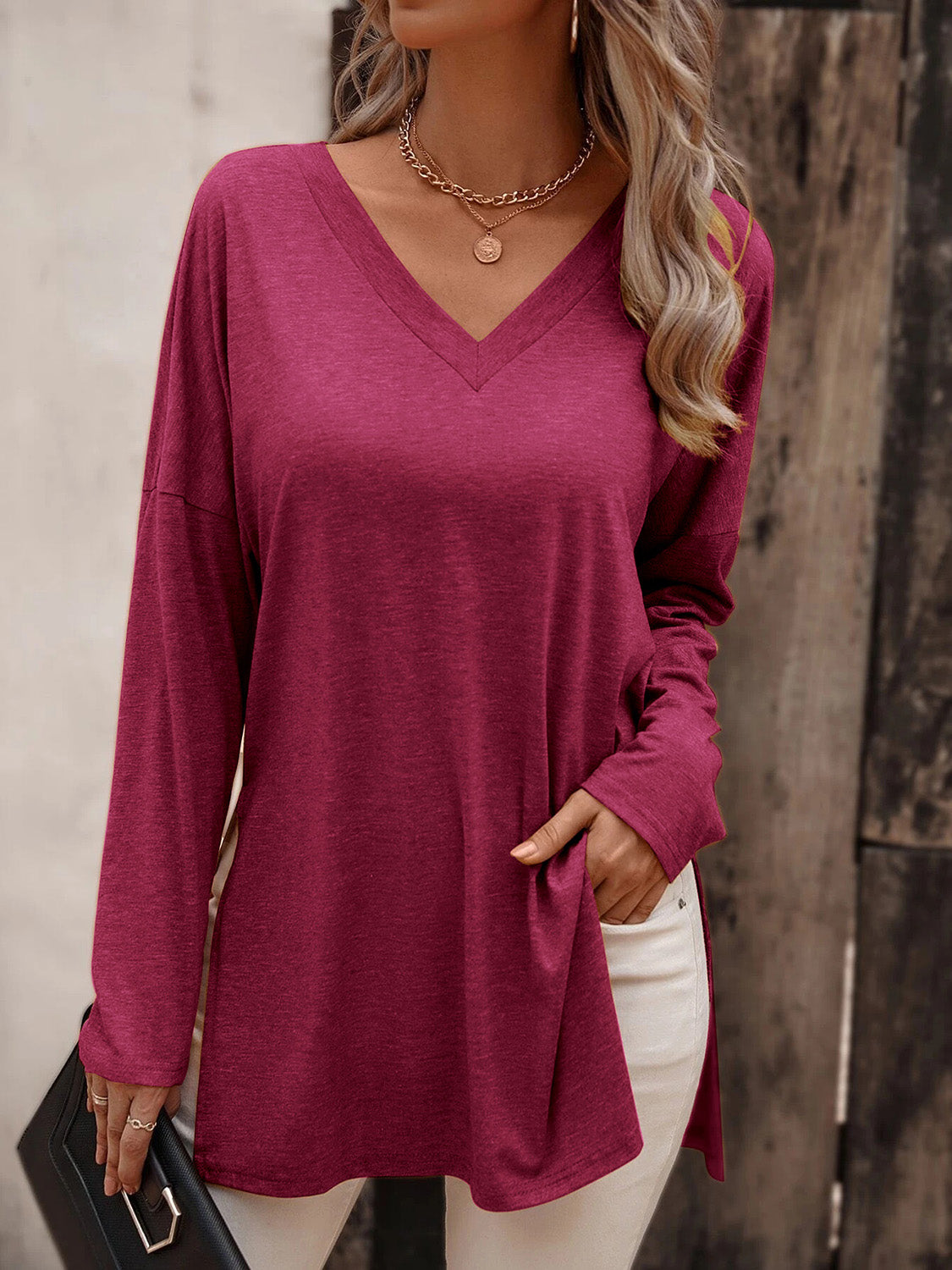 V-Neck Long Sleeve Slit Top - OCEANE