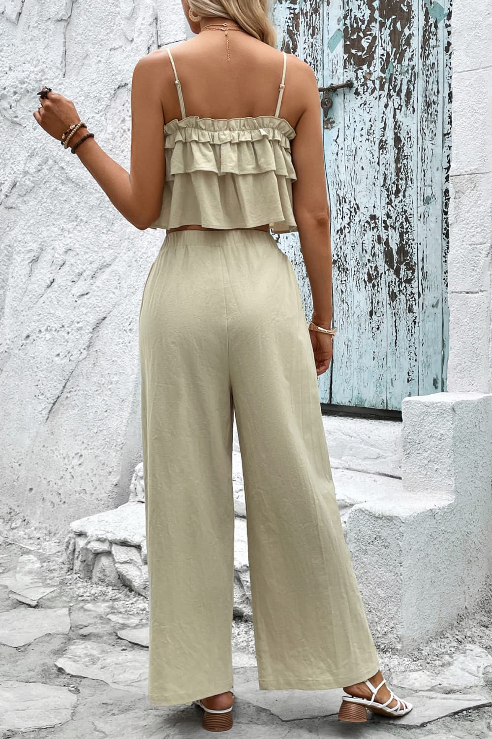 Frill Trim Cami and Wide Leg Pants Set - OCEANE