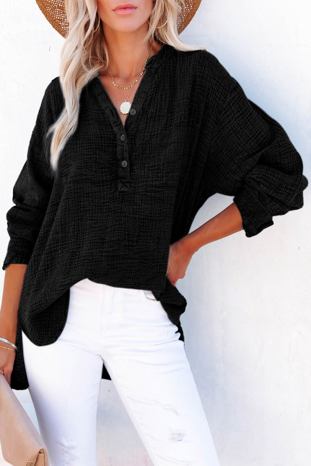 Buttoned Long Sleeve Blouse - OCEANE