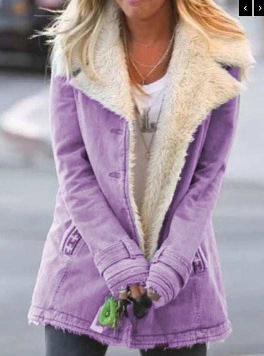 Autumn and winter solid color plush lapel mid-length coat