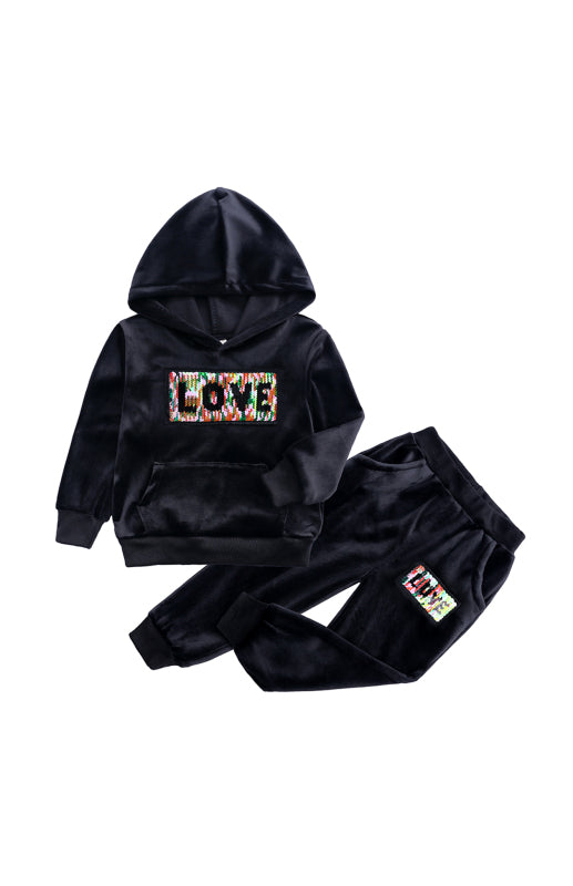 Kid's Sequin LOVE Hooded Multi Color Velvet Sweatshirt Hoodie Pajama Set