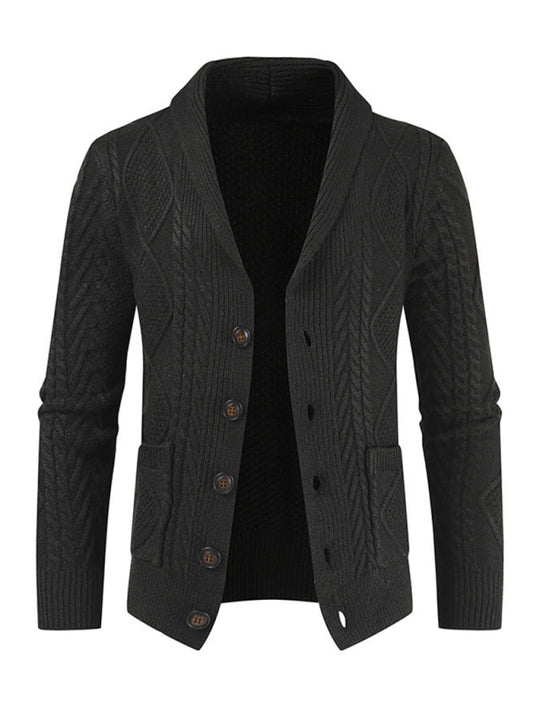 Men's Solid Color Shawl Collar Cable Stitch Cardigan