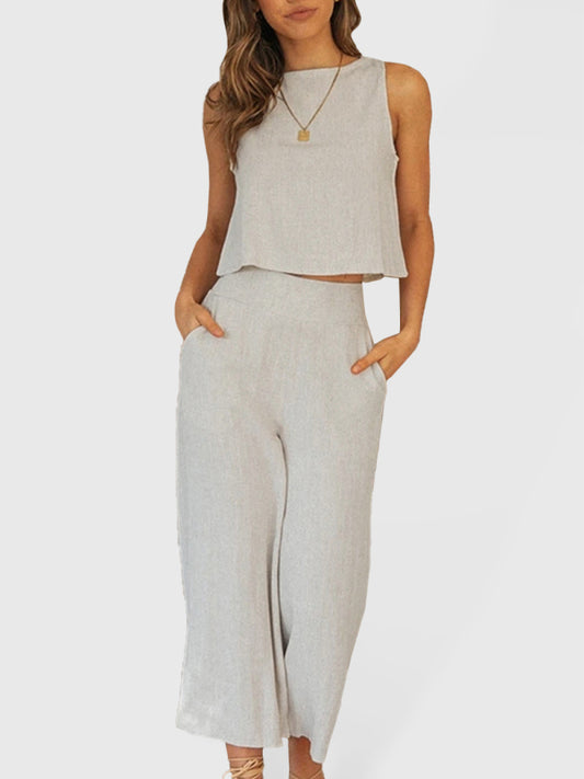 Women's Solid Color Linen Tank Top With Matching Pants