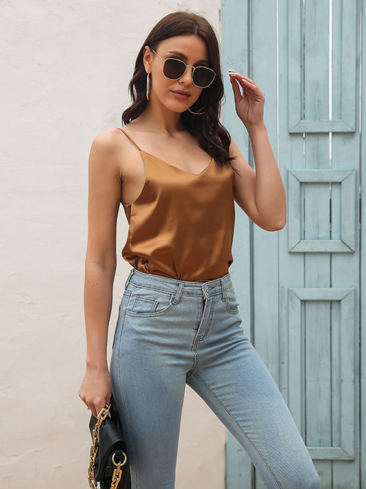 Women's Satin imitation silk V-neck strappy tank