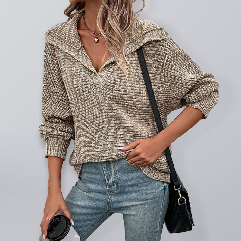 Women's Solid Color Spread Collar V Neck Rib Knit Sweater