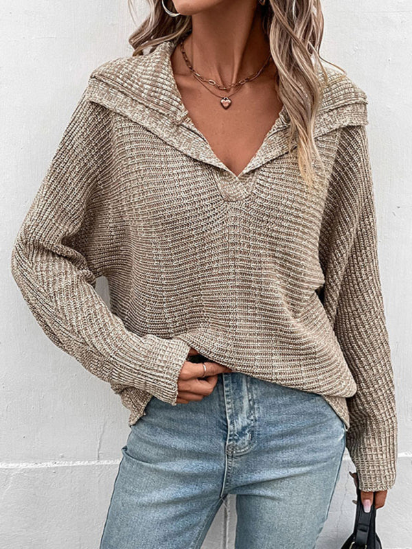 Women's Solid Color Spread Collar V Neck Rib Knit Sweater