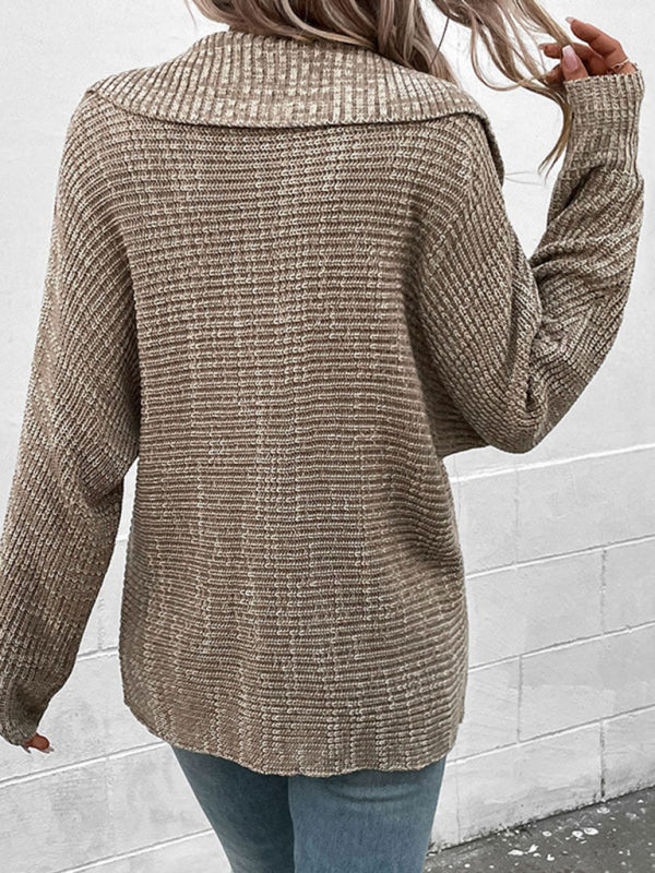 Women's Solid Color Spread Collar V Neck Rib Knit Sweater
