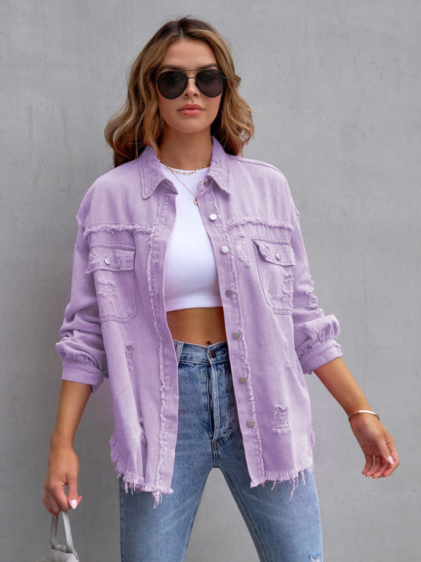 Women’s Solid Color Distressed Denim Jean Jacket ORANGE, PINK, PURPLE