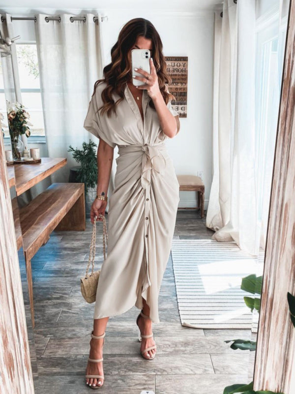 Women's Solid color pleated short sleeve shirt dress - OCEANE