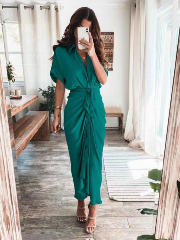 Women's Solid color pleated short sleeve shirt dress - OCEANE