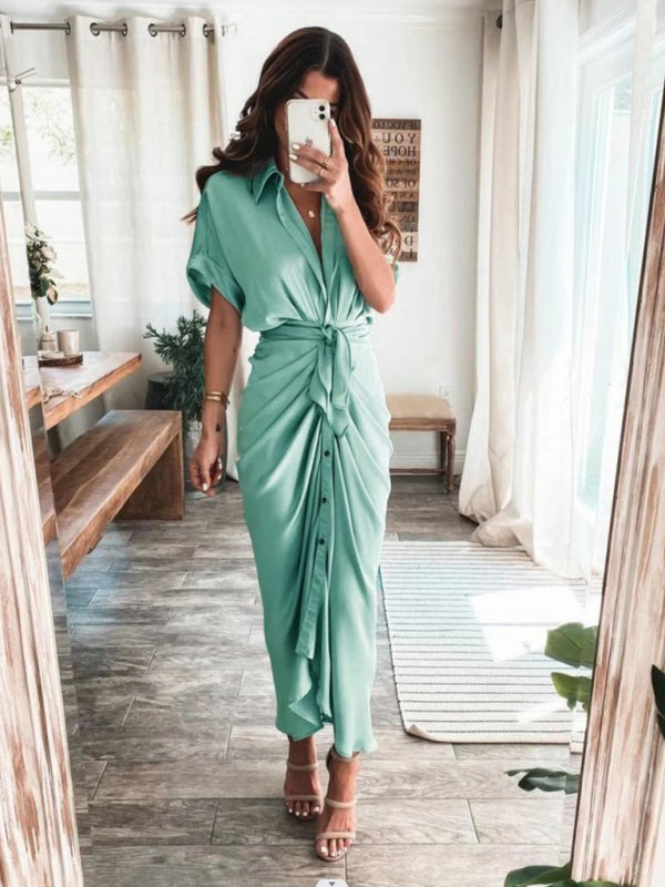 Women's Solid color pleated short sleeve shirt dress - OCEANE