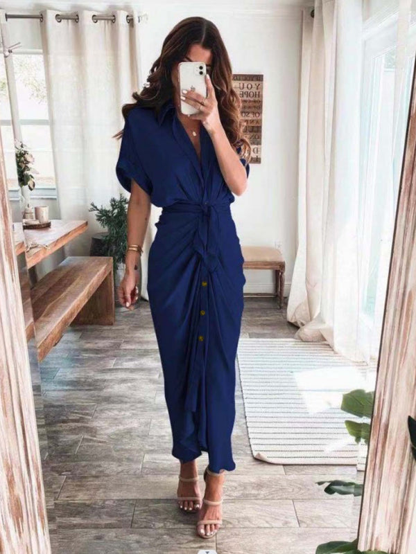 Women's Solid color pleated short sleeve shirt dress - OCEANE