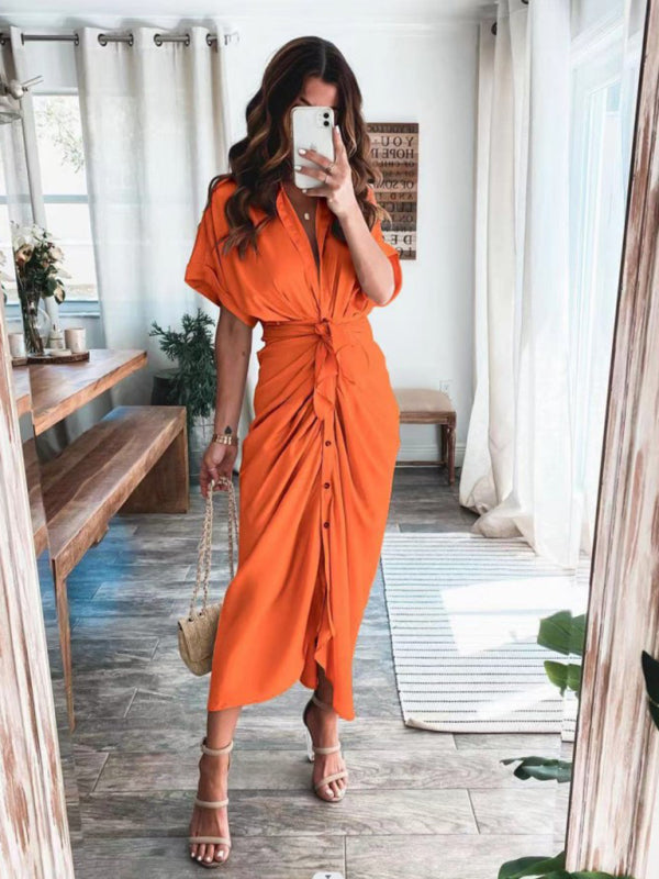 Women's Solid color pleated short sleeve shirt dress - OCEANE