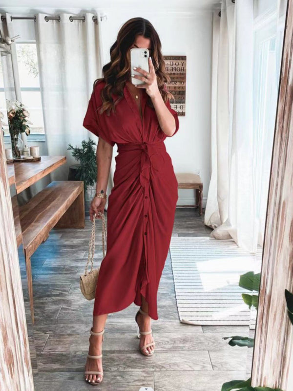 Women's Solid color pleated short sleeve shirt dress - OCEANE