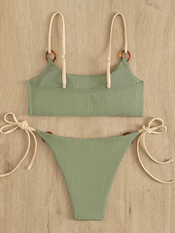 Women's solid color hoop sexy bikini sets in white & sage green