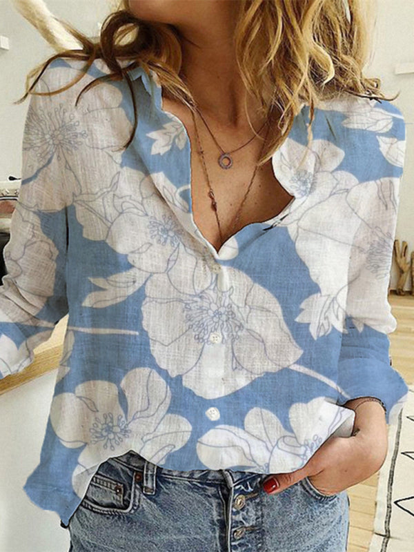 Women's Color Casual Loose Long Sleeve Linen Shirt in 9 prints & solids - OCEANE
