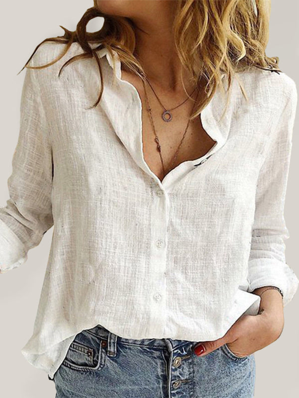 Women's Color Casual Loose Long Sleeve Linen Shirt in 9 prints & solids - OCEANE