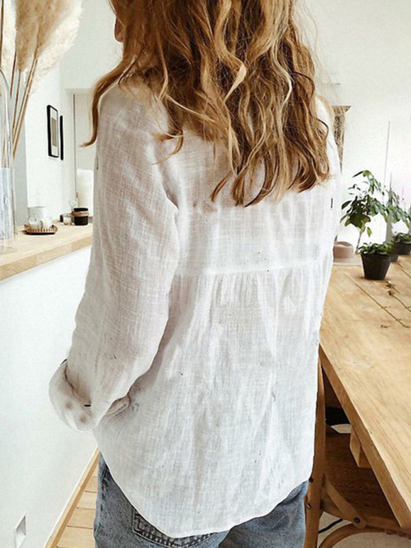 Women's Color Casual Loose Long Sleeve Linen Shirt in 9 prints & solids - OCEANE