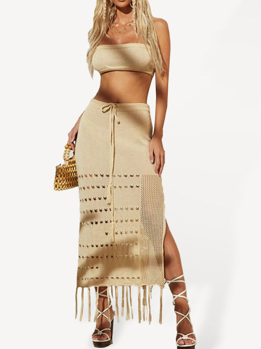 Women's two-piece tie-up fringe knit beach bikini top and skirt set