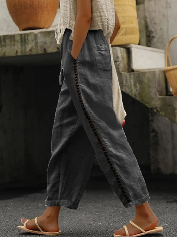 Women's Solid Color Cotton Linen Casual Pants Stitching Sweet Cropped Pants - OCEANE
