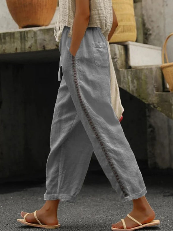 Women's Solid Color Cotton Linen Casual Pants Stitching Sweet Cropped Pants - OCEANE