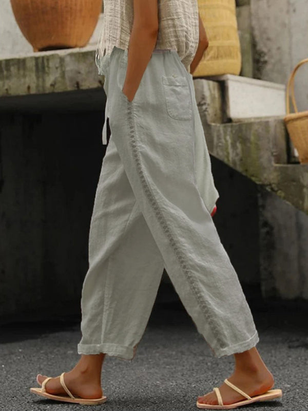 Women's Solid Color Cotton Linen Casual Pants Stitching Sweet Cropped Pants - OCEANE