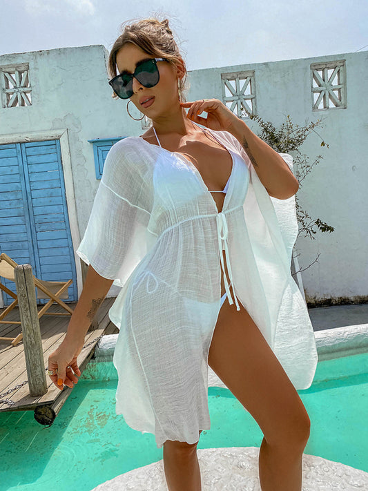 Women's Solid Color Tie-Front Shirt Cover-Up