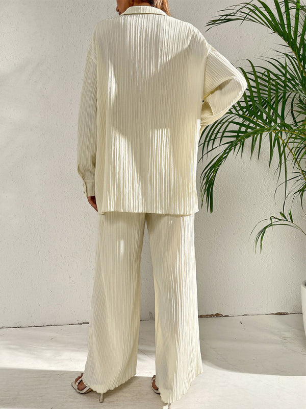 Women's Solid Color Edge Pleated Button-Up Shirt With Matching Pleated Wide-Leg Pants