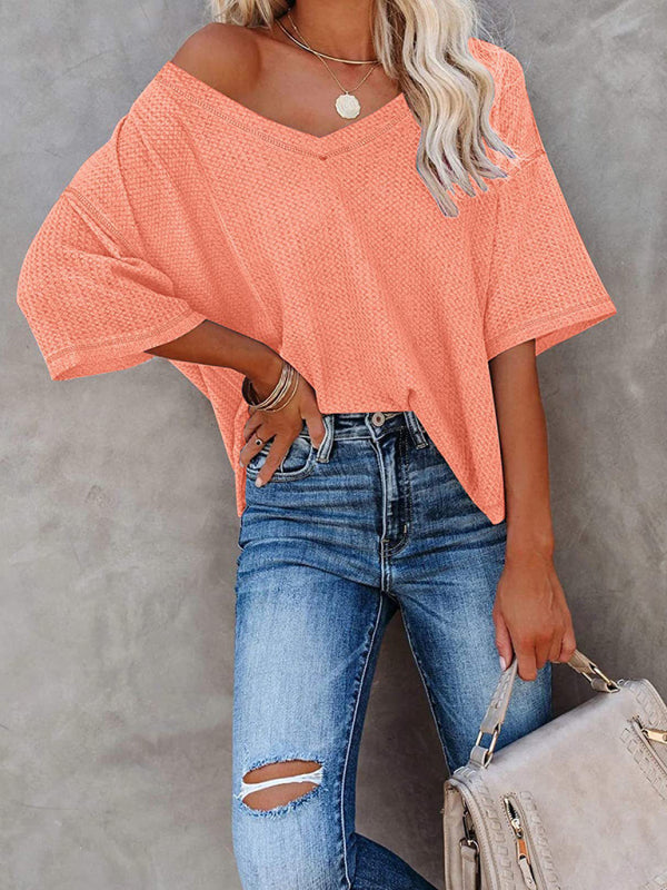 New V Neck Dolman Sleeve Waffle Knit Loose Solid Color Short Sleeve T-Shirt