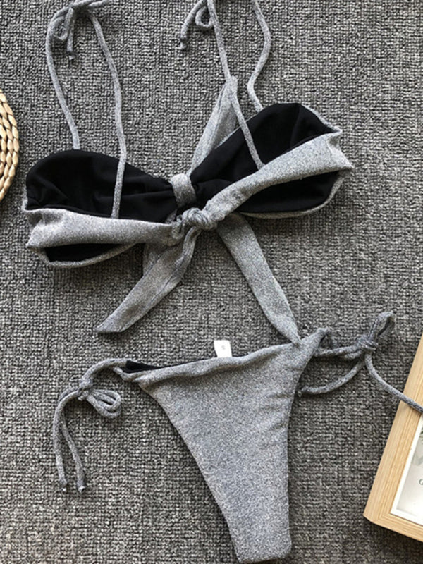 Sexy three-point bikini women's strappy push-up swimsuit in purple, gray, white