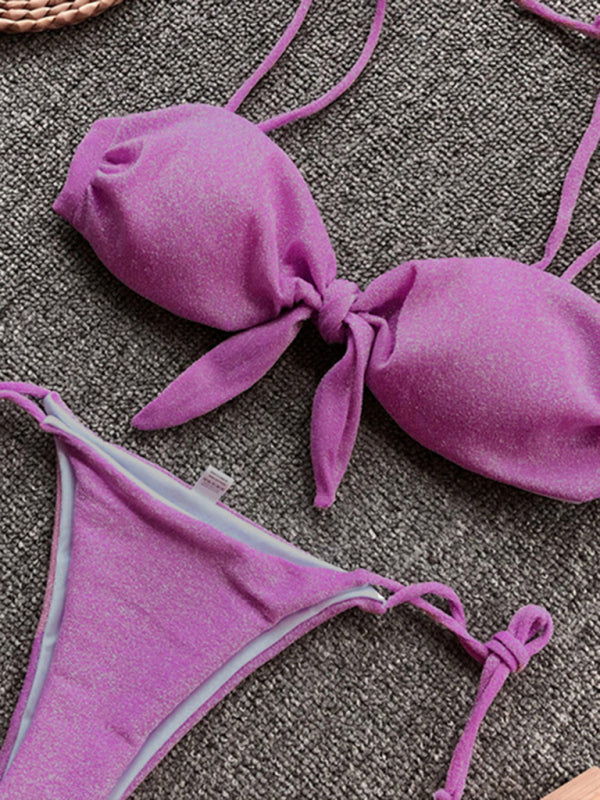 Sexy three-point bikini women's strappy push-up swimsuit in purple, gray, white