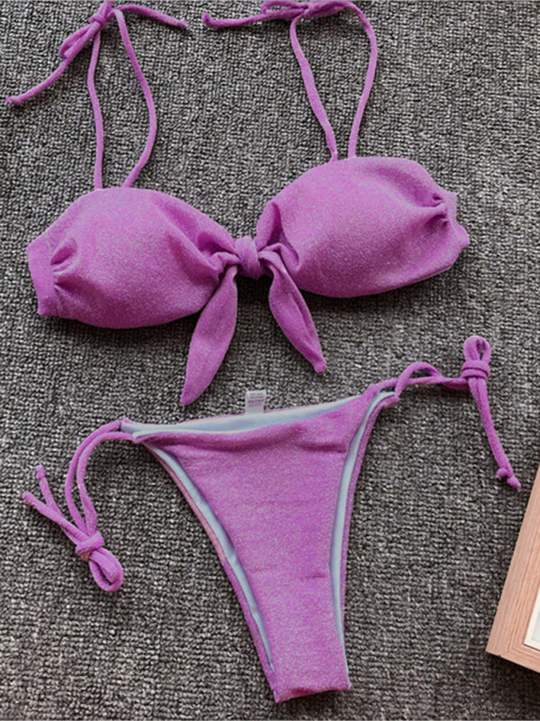 Sexy three-point bikini women's strappy push-up swimsuit in purple, gray, white