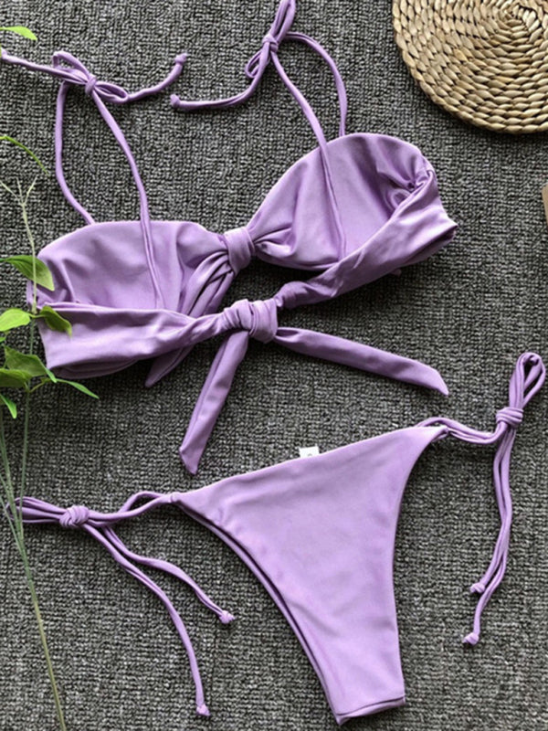 Sexy three-point bikini women's strappy push-up swimsuit in purple, gray, white