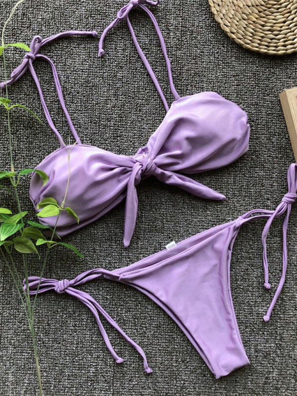Sexy three-point bikini women's strappy push-up swimsuit in purple, gray, white