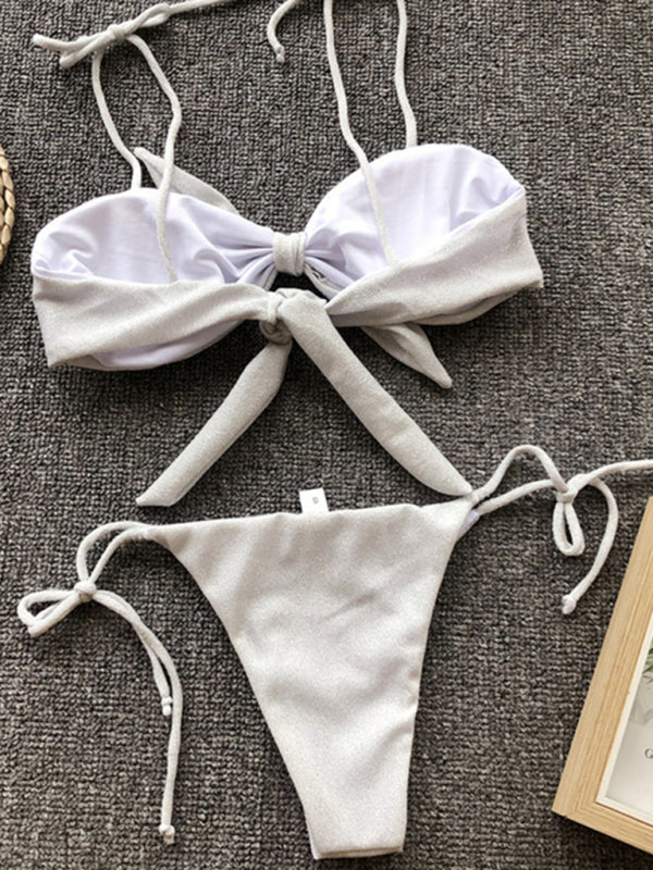 Sexy three-point bikini women's strappy push-up swimsuit in purple, gray, white